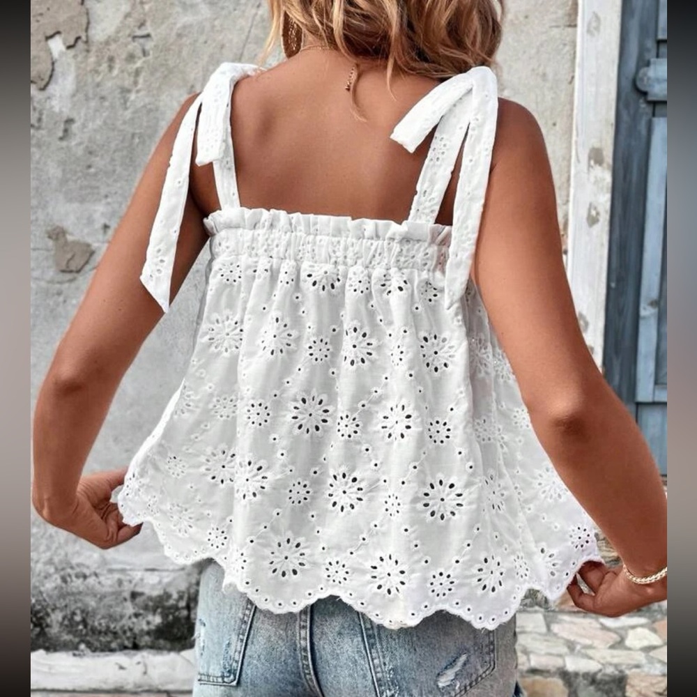 Boho Eyelet Sheer Lace Embroidered Tank Top White - Picture 2 of 4